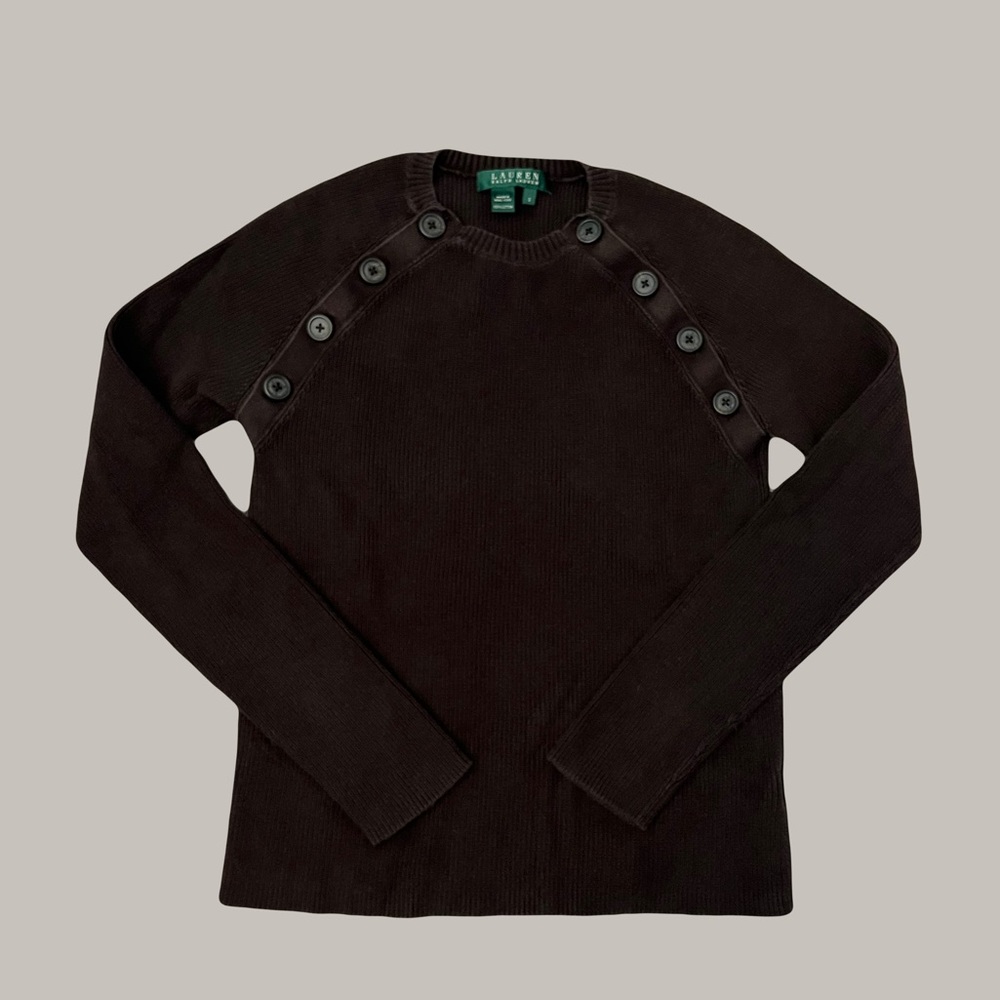 Vintage Dark Brown Lauren Ralph Lauren Fitted Ribbed Sweater with Button Detail